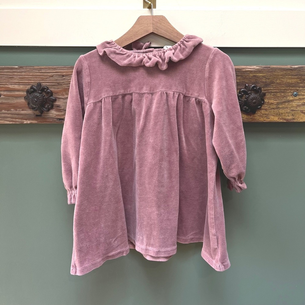 Quincy Mae Dusty Rose Organic Cotton Velour Ruffle Collar Babydoll Dress 4-5y